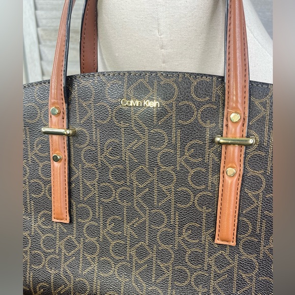 CALVIN KLEIN Double Handle Satchel Bag Brown/Tan-Medium - Picture 2 of 8
